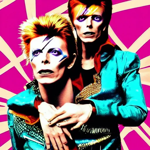 Image similar to david bowie getting a piggy back ride from ziggy stardust, digital art, glam rock. pop art background.