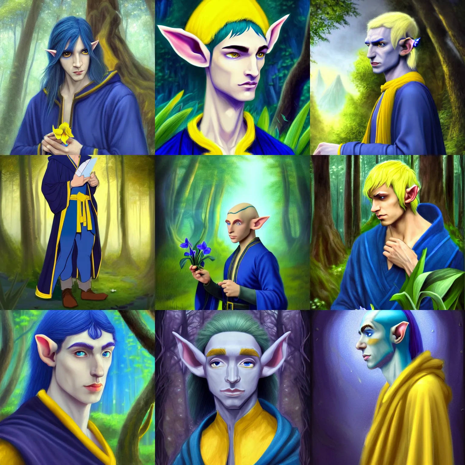 Prompt: A blue skinned male elf with yellow iris, young noble, scholar, clad in robes, curious, forwards facing, profile shot, centered, fair, fantasy concept art, long straight beautiful hair, dark blue hair, mystical eyes, magical lighting, beautiful, mystical, shimmers, nature, oil painting, forest background