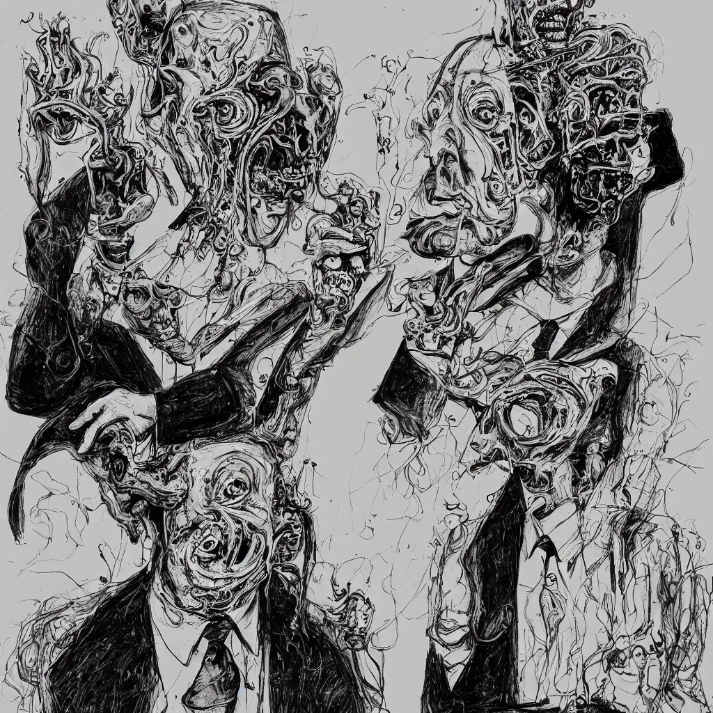 Image similar to Jacob Rothschild by Ralph Steadman, illustration, body horror, biopunk, 8k , trending on artstation