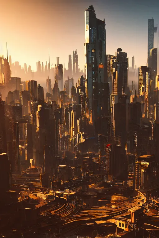 Image similar to cyberpunk cityscape with tall buildings at dusk golden hour orange cinematic lighting, epic composition. A golden daylight, hyper-realistic environment. Hyper and intricate detail, photo-realistic. Cinematic and volumetric light. Epic concept art. Octane render and Unreal Engine, trending on artstation