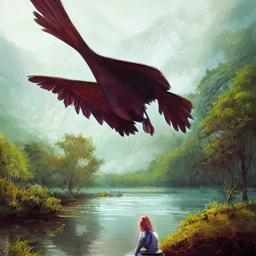 Image similar to humanoid bird, sitting at a pond, mountainous area, trees in the background, oil painting, by Fernanda Suarez and Greg Rutkowski