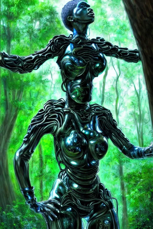 Image similar to hyperrealistic post - baroque super expressive! black woman with exoskeleton armor, merging with tree in a forest, highly detailed digital art masterpiece smooth cam de leon eric zener dramatic pearlescent blue green light ground angle hd 8 k sharp focus