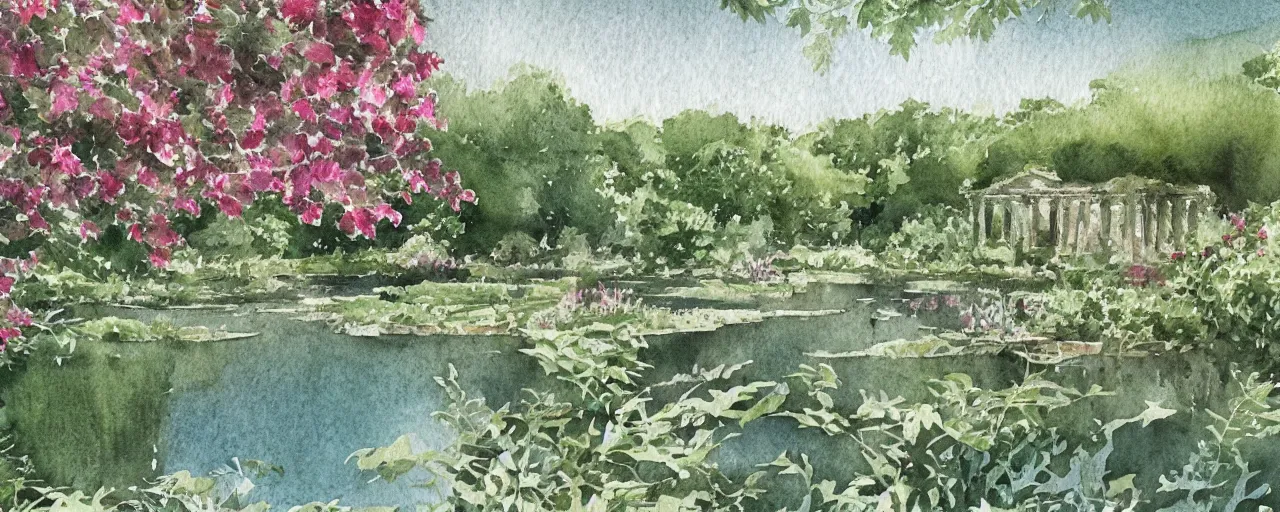 Image similar to isomeric view, delicate lake in a botanic garden, stony road, on a botanical herbarium paper, watercolor colored painting, iridescent colors, 8 k, realistic shaded, fine details, artstation, italian style, colonnade, vines, flowers, gardena architecture, pompeii