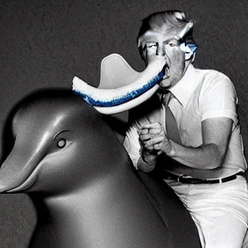 Image similar to donald trump riding a dolphin holding a corn dog, 1 9 9 0 s