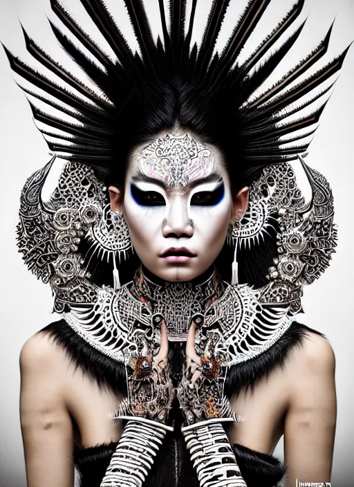 Image similar to a fierce looking beautiful young thai woman with symmetrical white makeup, wearing an intricate headdress made from bones and leather, wearing large earrings made from white bones, hyperdetailed illustration by irakli nadar and alexandre ferra, intricate linework, in the style of a national geographic portrait, unreal engine 5 highly rendered, global illumination, radiant light, detailed and intricate environment