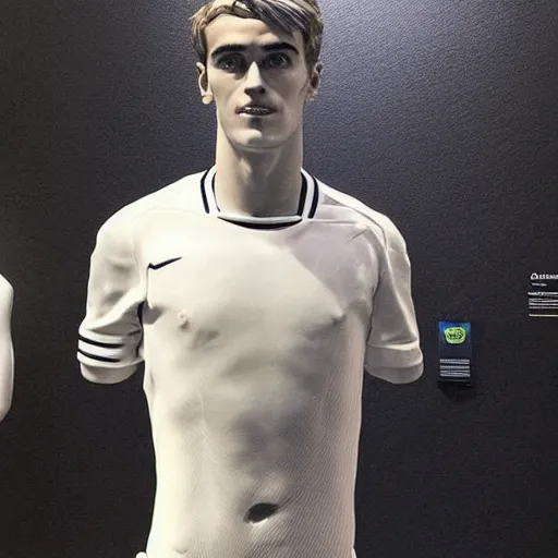 Image similar to “ a realistic detailed photo of a guy who is an attractive humanoid who is half robot and half humanoid, who is a male android, soccer player antoine griezmann, shiny skin, posing like a statue, blank stare, at the museum, on display ”