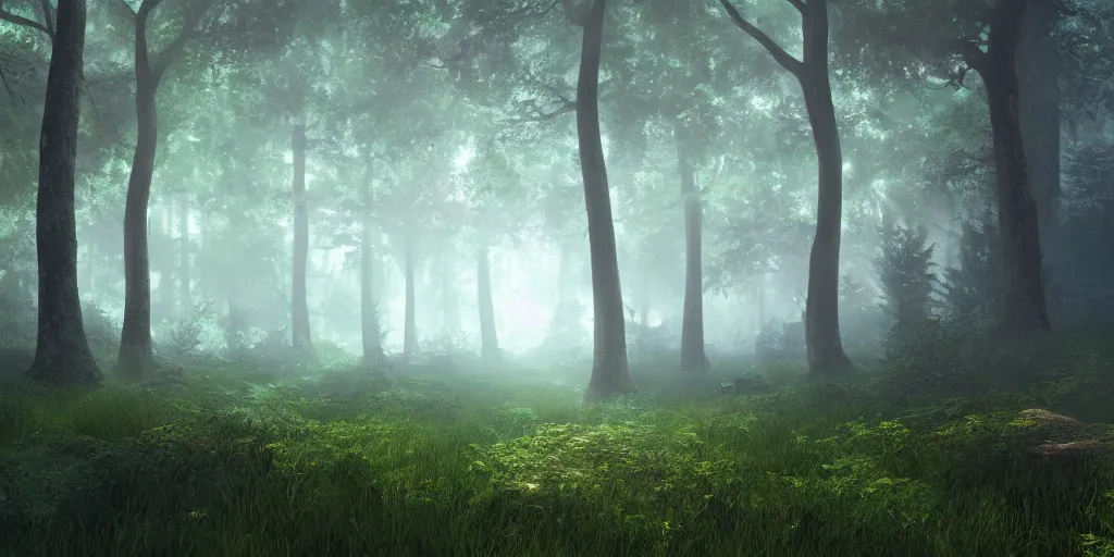 Prompt: a highly detailed digital painting of a luscious fantasy forest, volumetric lighting, atmospheric fog, 8 k render