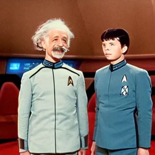 Prompt: Young Eintsein and Old Einstein in starfleet uniforms from the next Star Trek movie