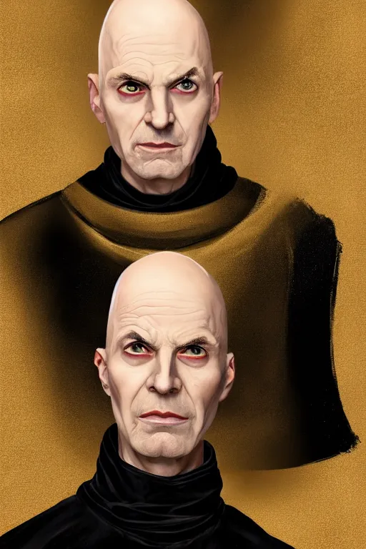 Prompt: a bald pale sorcerer in his late nineties. stately and dour in his expression. eyeliner accentuates his sunken eyes. a high black turtleneck covers his thin neck. opulent white golden red robe. white leather gloves with gold decoration, black turtleneck, sharp focus, illustration, digital painting, art by magali villeneuve