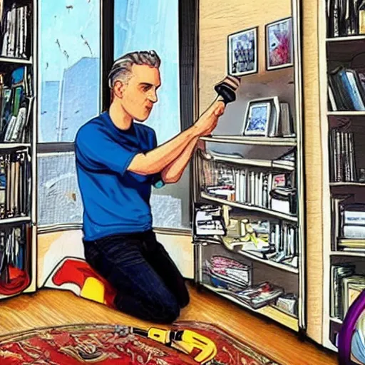 Image similar to Jordan Peterson cleans his room with a vacuum, motivational poster, inspirational art, high detail, realistic, mid shot, open