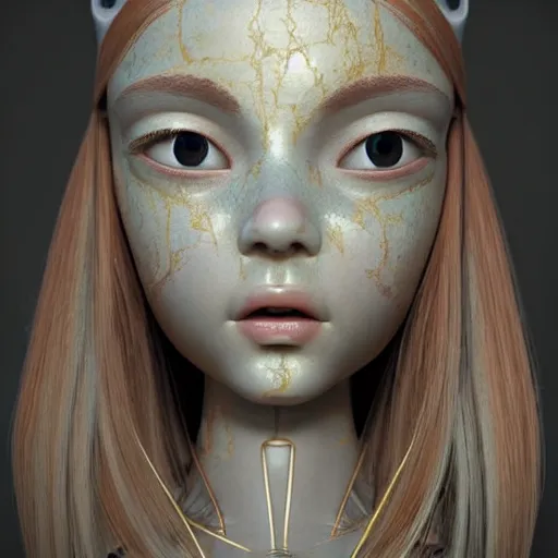 Image similar to Beautiful ball joint doll head, long shiny hair, intricate detailed, cracked lines repaired with kintsugi, symmetrical face, sharp focus, octane render, high quality, 8k, volumetric lighting, on black background, trending on pinterest