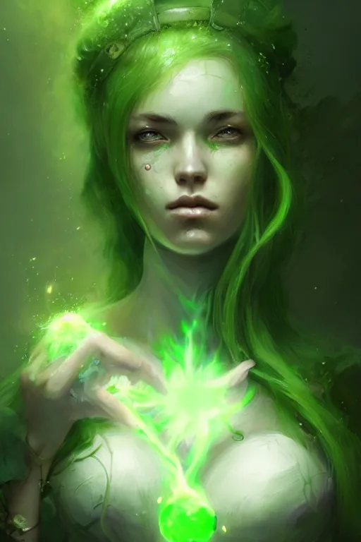 Prompt: character art by bastien lecouffe - deharme, young woman, green hair, green skin, nature powers, 4 k, arstation, trending