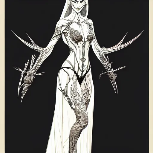 Image similar to full body centered elven bride ,intricate, veins, by Hugo pratt, ultradetailed, charachter design, concept art, trending on artstation,