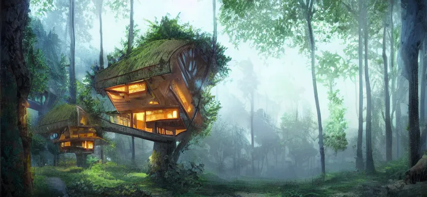 Image similar to sustainable treehouses single family homes powered completely by renewable energy in a densely populated forest a digital illustration by jordan grimmer, trending on artstation, ray tracing on, unreal engine