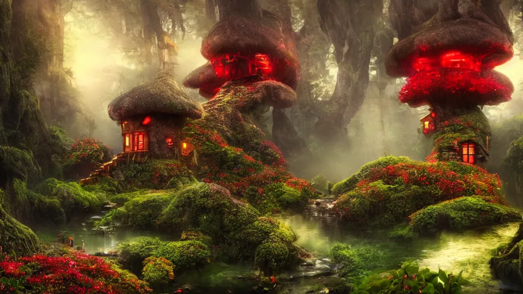 Image similar to fantasy red toadstool cottage suspended in the air, like in Avatar movie, foggy atmosphere, volumetric lighting, fantasy artwork, very beautiful scenery, very realistic, hd, hdr, cinematic 4k wallpaper, 8k, ultra detailed, high resolution