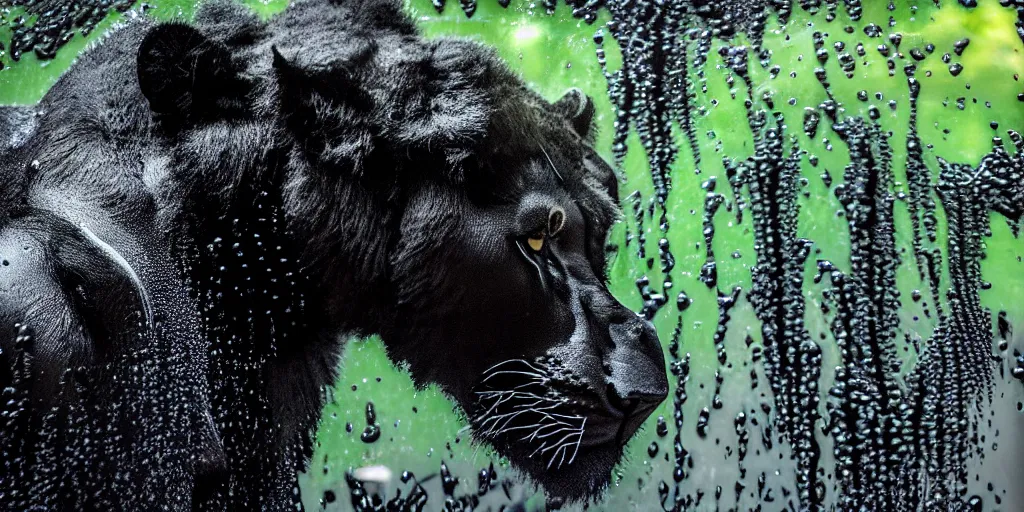 Prompt: the black lioness made of ferrofluid, in the zoo exhibit, viscous, sticky, full of black goo, covered with black goo, splattered black goo, dripping black goo, dripping goo, splattered goo, sticky black goo. photography, dslr, reflections, black goo, zoo, exhibit