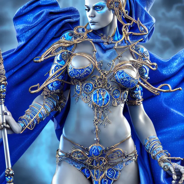 Image similar to elemental water witch in ornate blue robes and staff, highly detailed, 8 k, hdr,, clayton crain