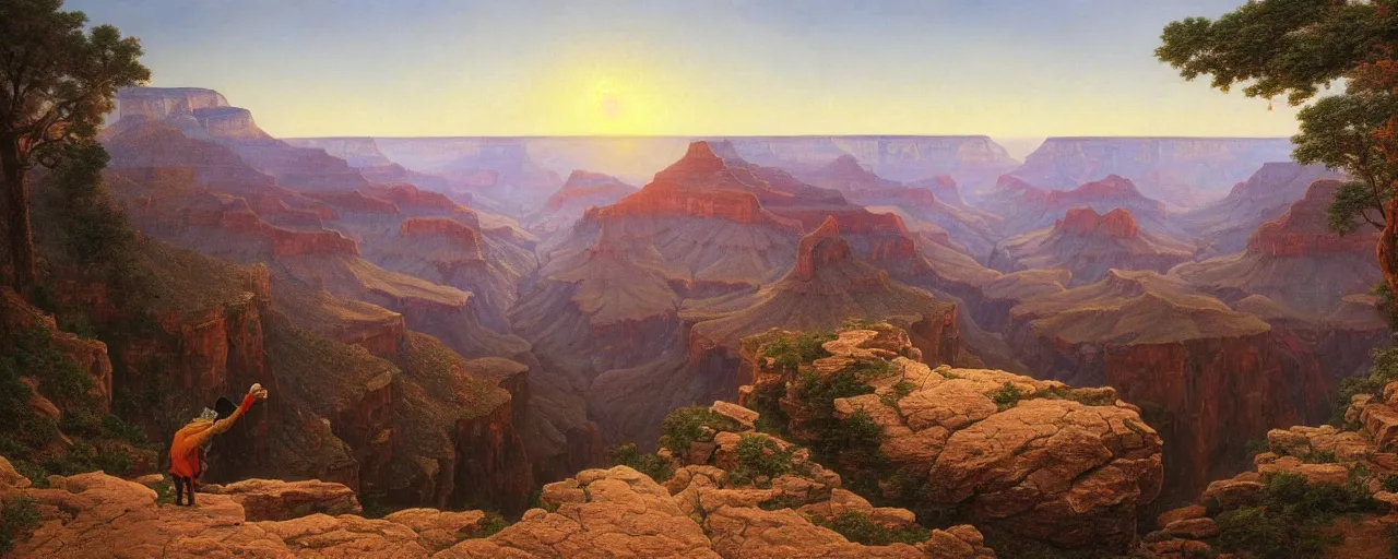 Image similar to romantic painting, wide shot of kermit the frog standing in front of a the grand canyon at sunrise, highly detailed, sublime, hyperrealistic, painted by caspar david friedrich and albert bierstadt, trending on artstation 8 k