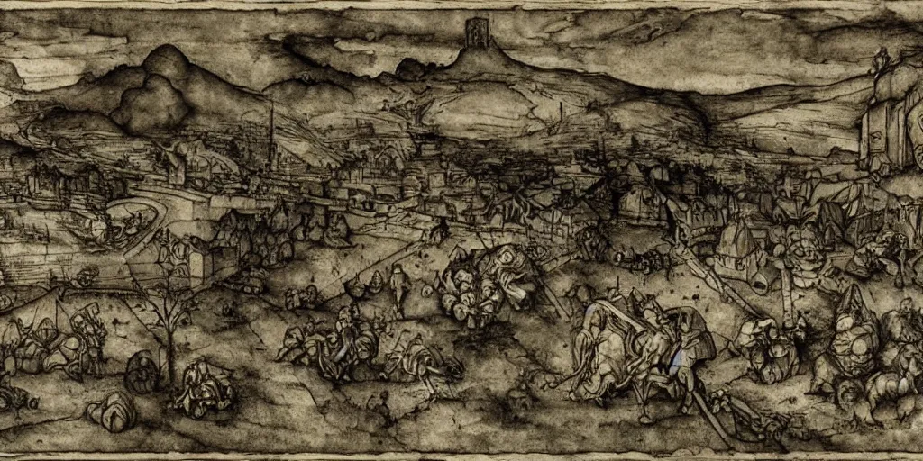 Prompt: RTS gameplay in style of Durer, neoclassical, painting, Stronghold gameplay, dark colors, high contrast, octane render