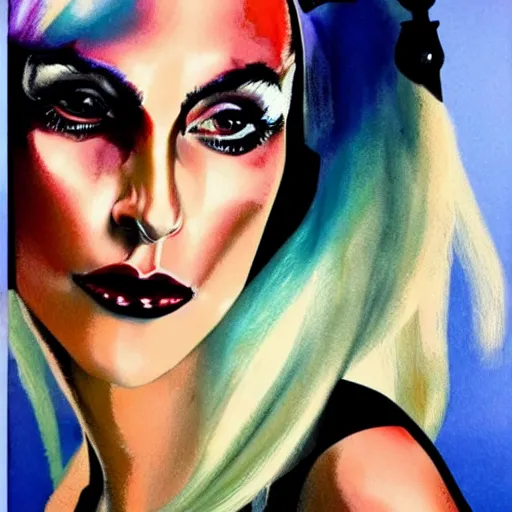 Image similar to detailed details photorealistic pictures lady gaga as harley queen in the style of bob peak and alex ross, gouache and wash paints color, detailed details facial and body and human and environments and proportionate, detailed 5 k details.