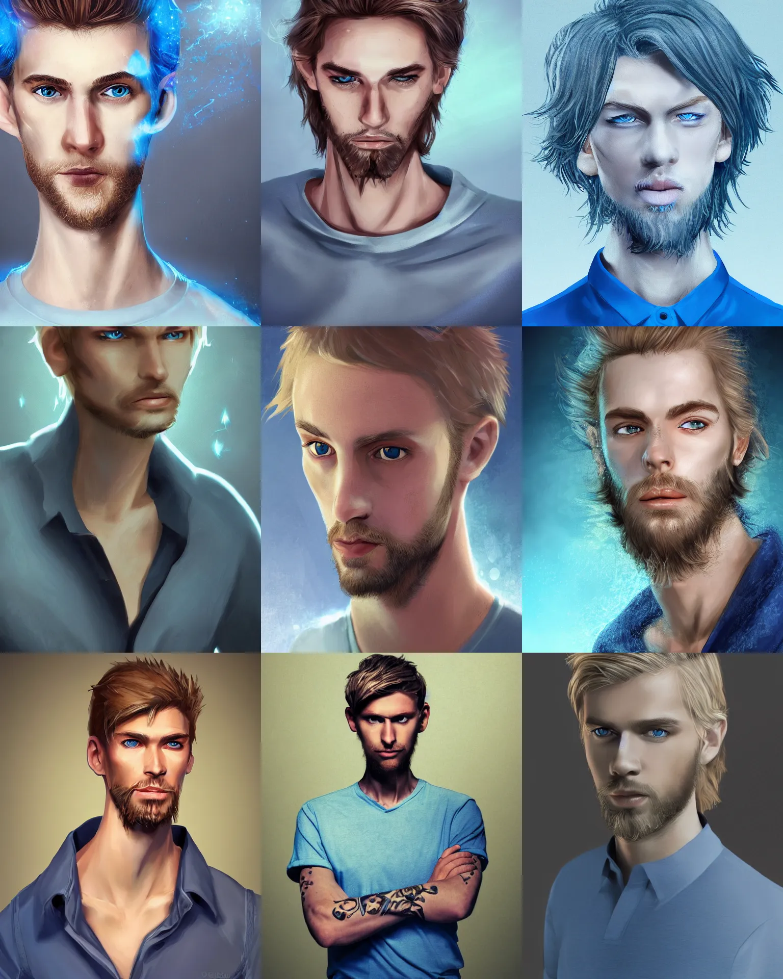 Prompt: digital portrait of a skinny european male, slightly longer blond hair and a light blond stubble beard, wearing a blue shirt, blue eyes, rugged, teenage, fantasy, wizard, trending artstation, dungeons & dragons, relaxed expression, dark lighting, detailed, magic particles