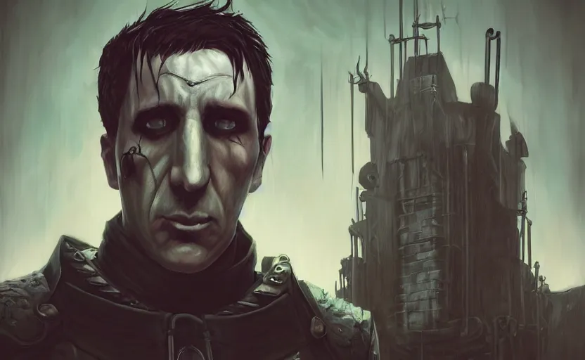 Image similar to an epic fantasy comic book style portrait painting of a very imposing industrial goth trent reznor in icarly, character design by mark ryden and pixar and hayao miyazaki, unreal 5, daz, hyperrealistic, octane render, cosplay, rpg portrait, dynamic lighting, intricate detail, cinematic