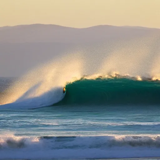 Prompt: perfect wave breaking in shallow clear water front view, hollister ranch, offshore winds, kelp, islands on horizon, oil dereks on horizon, late afternoon, fall, central california