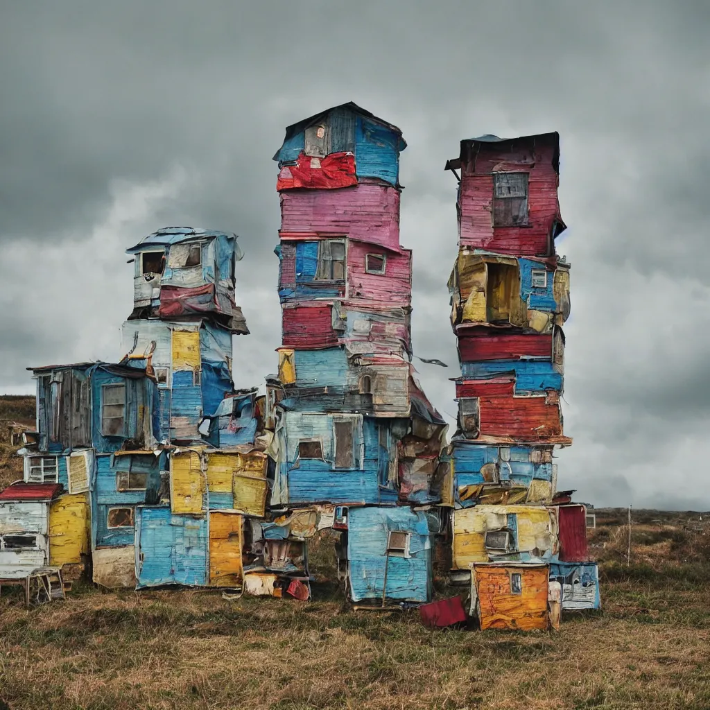 Image similar to a tower made up of colourful makeshift squatter shacks, bleached colours, moody cloudy sky, dystopia, mamiya, very detailed, photographed by cristina de middel