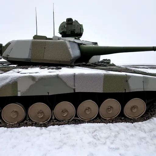 Prompt: photo of Challenger 2 tank in arctic camouflage