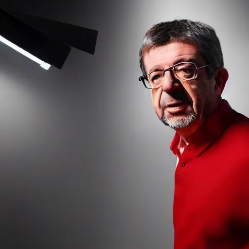 Image similar to Jean-Luc Mélenchon cospalying as a Marvel superhero, studio lighting