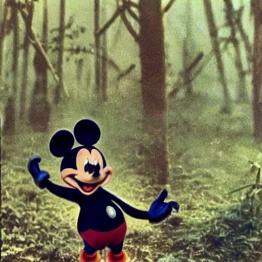 Prompt: Mickey Mouse at Vietnam war, war photo, jungles, old photo