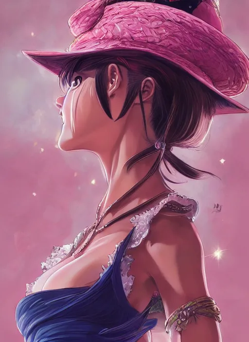 Prompt: a portrait of One Piece Boa Hancock as a real beautiful woman, pink hearts in the background , romantic themed, beautiful face, intricate, highly detailed, digital painting, artstation, concept art, smooth, sharp focus, illustration, art by Noriyoshi Ohrai