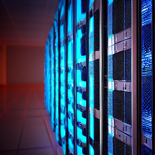 Image similar to a photo of datacenter servers with network cables, bokeh, dramatic lighting, light blue, hd, trending on artstation