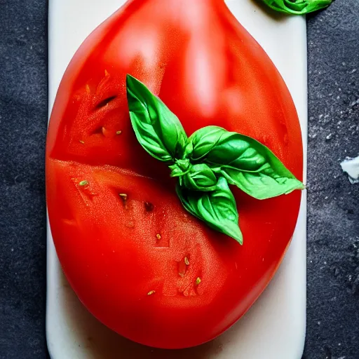 Prompt: photo of a tomato filled with mozzarella and basil, in a pool of olive oil