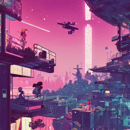 Prompt: cyberpunk explorer playing video games in his treehouse, highly detailed, 4k, midnight, by Victo Ngai and James Gilleard , Moebius, Laurie Greasley