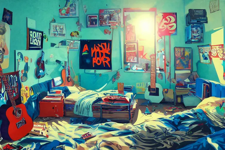 Image similar to a room of an american teen, graffiti and posters on the wall, bed, guitar, bookshelves, toys, bright, 8 0 s style, nostalgic, the sun shines in, warm, cozy, isometric art, bright, artstation, highly detailed, cinematic lighting + masterpiece