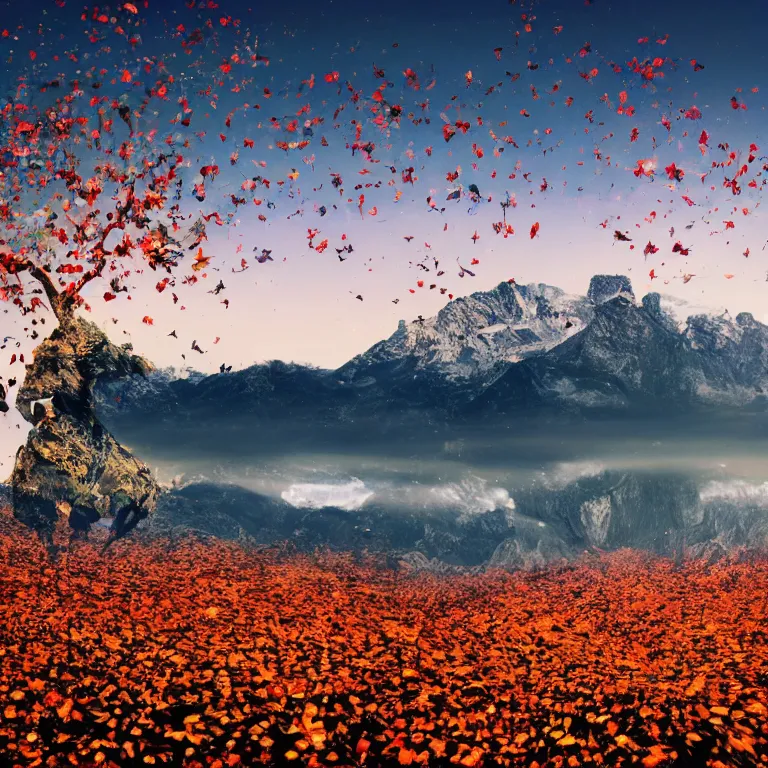 Image similar to a beautiful awesome artistic tree with falling flowers like leaves and many birds, all in the amazing outdoors view, mountain in the background, lake, long exposure, 8 k resolution, trending on artstation