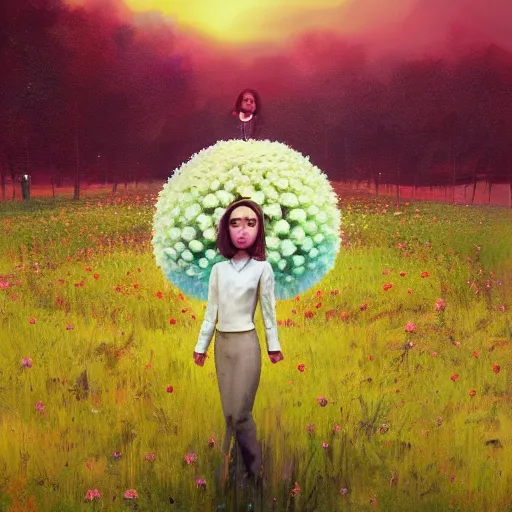 Prompt: giant daisy flower head, frontal, girl in a suit, surreal photography, sunrise, dramatic light, impressionist painting, digital painting, artstation, simon stalenhag