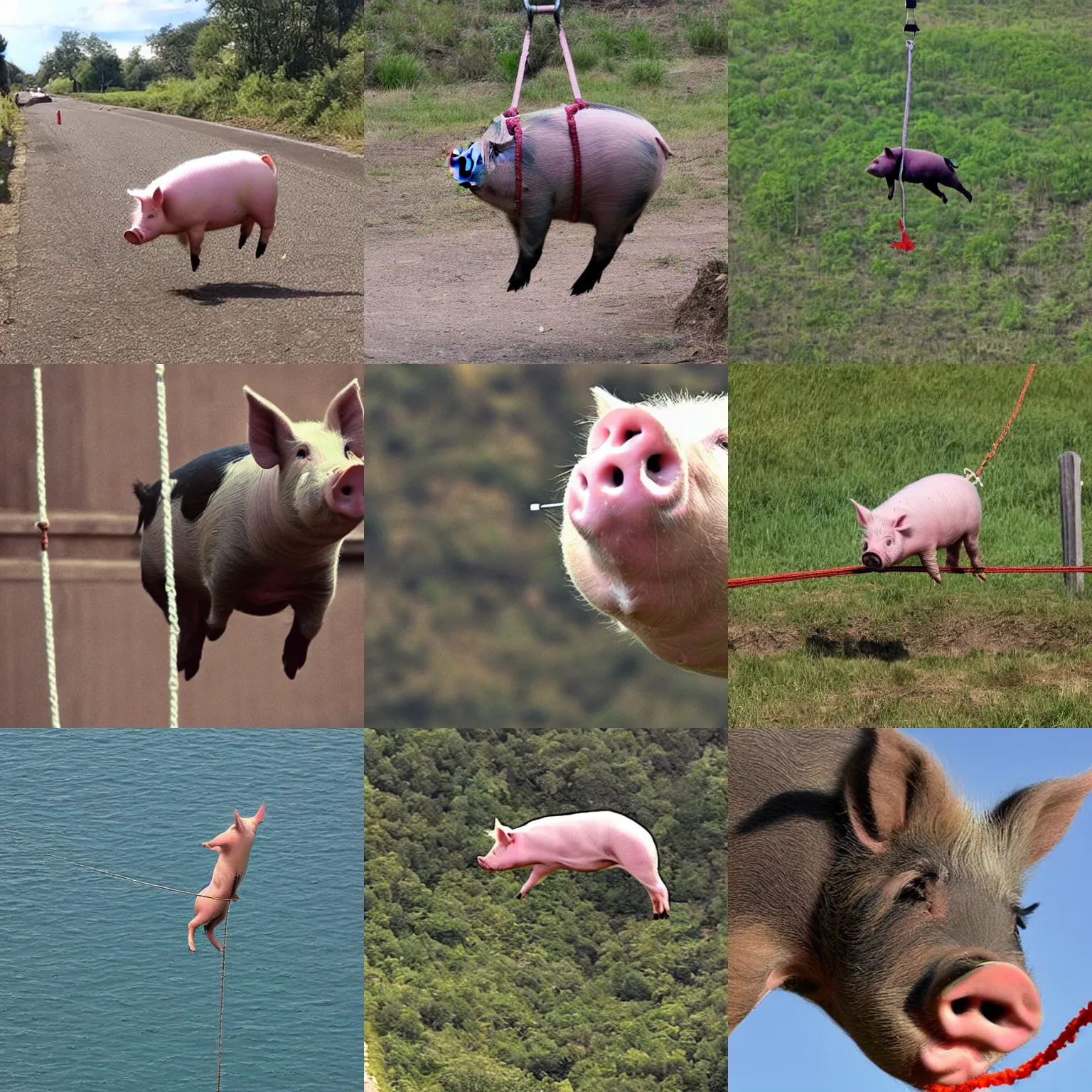 Prompt: a pig doing a bungee jump