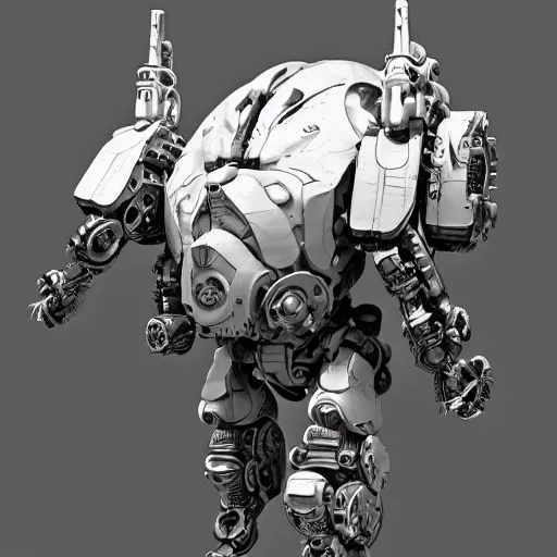 Prompt: big biomechanical mech warrior, scifi, hard surface, model, zbrush, white background, intricate, detailed, centered, hyperrealism, octane, robotic head