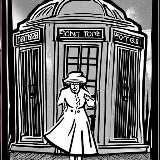 Image similar to Digital illustration of Queen Elizabeth II stepping out of the Tardis on a dark rainy London street, trending on artstation