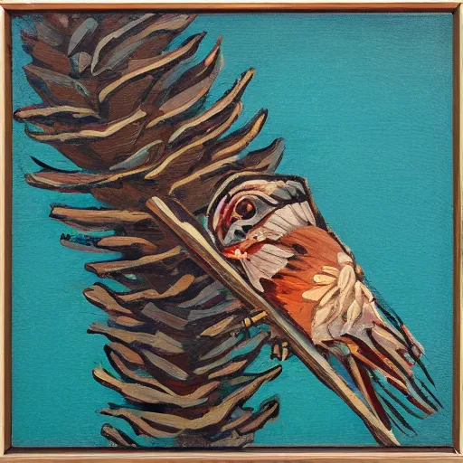 Prompt: a dead bird and a pine cone, modernist painting with only 5 colors