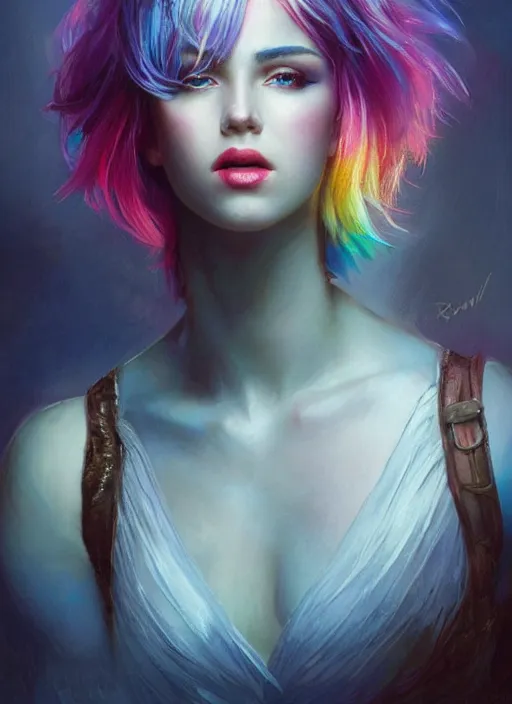 Image similar to girl with rainbow hair, pixie haircut, beautiful highly detailed face, complementary lighting, backlit, black eyeshadow, lipstick, divine, dramatic lighting, landscape background, beautiful painting by artgerm and greg rutkowski and raymond swanland
