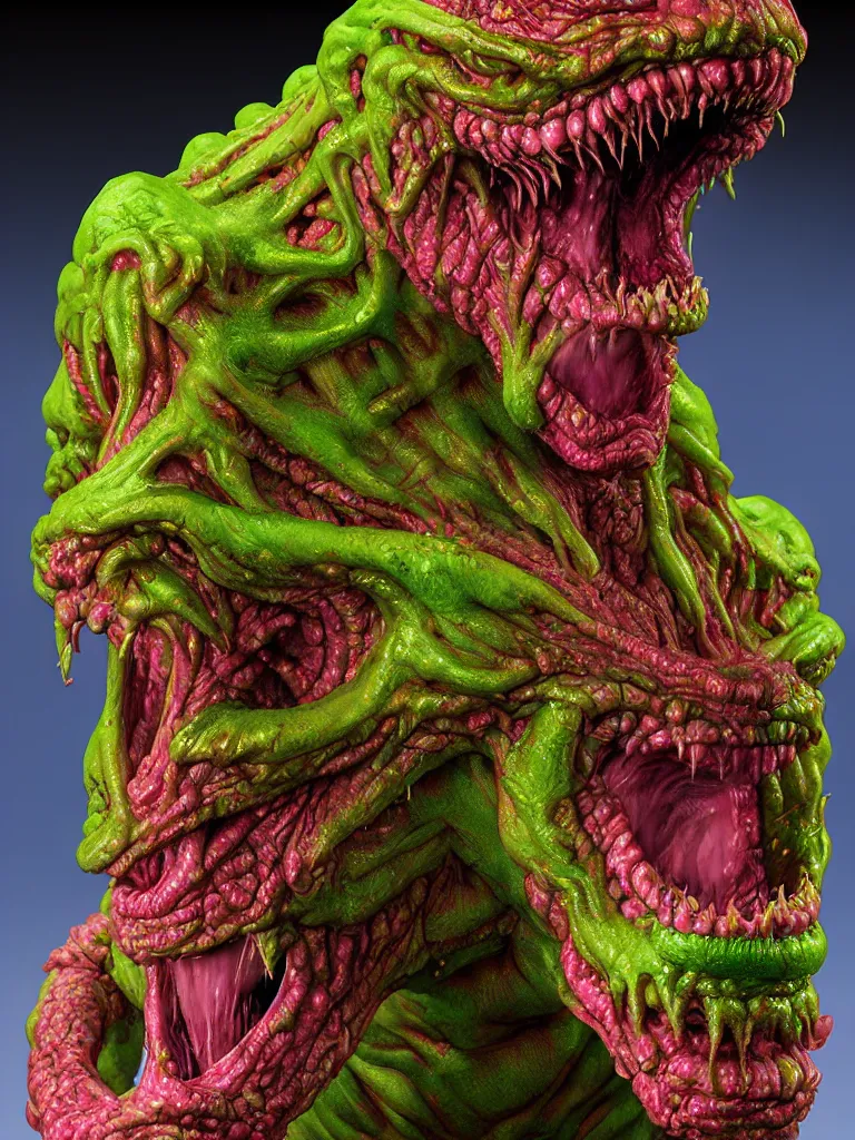 Image similar to hyperrealistic rendering, fat smooth wet cronenberg flesh monster smooth kaiju by art of skinner and richard corben and jeff easley, product photography, action figure, sofubi, studio lighting, colored gels, skulls and ribcages