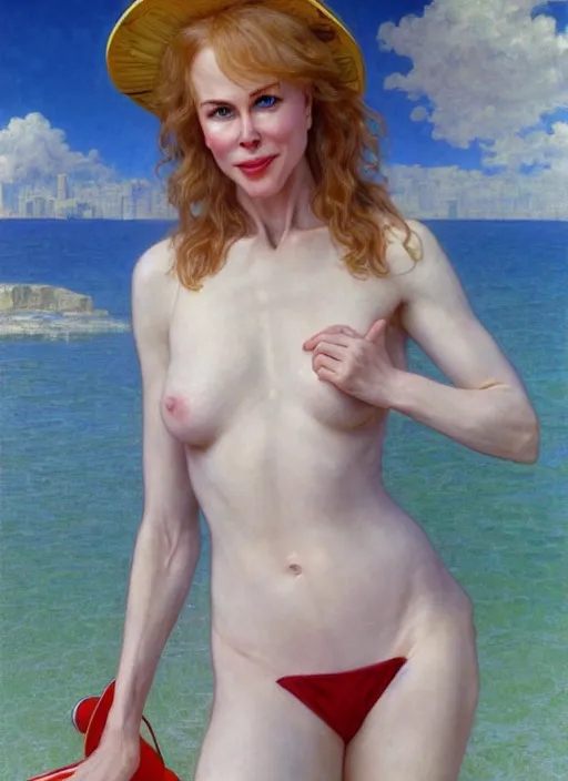Image similar to portrait Nicole Kidman as sea lifeguard on the beach, full length shot, shining, 8k highly detailed, sharp focus, illustration, art by artgerm, mucha, bouguereau