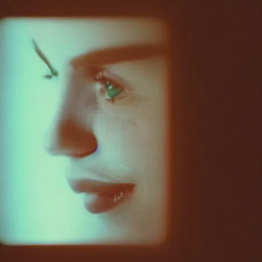 Prompt: realistic composition of closeup of a girl face in dark room at old crt monitor, we can see green letter reflected on her face, photo shot on an old film