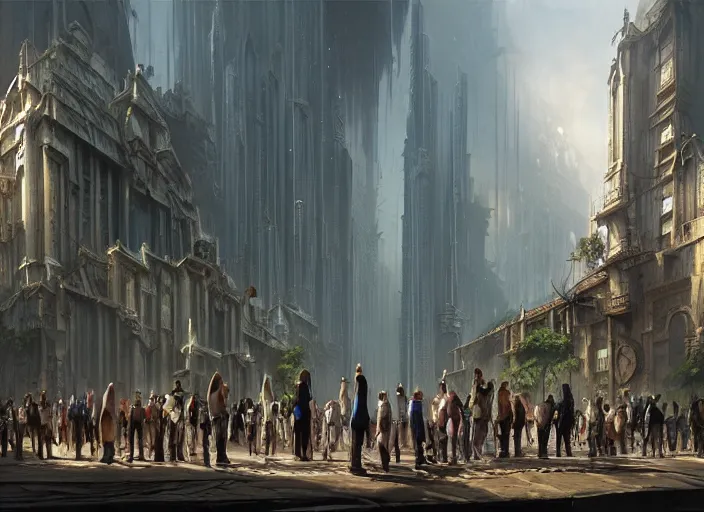 Prompt: a large group of people standing around a building, a detailed matte painting by stephan martiniere, cgsociety, fantasy art, concept art, matte painting, matte drawing