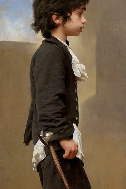 Prompt: museum painting, wide - shot, cat and cute 1 0 years old spanish boy with long black messy hair, tied in tail, wearing clothes of 1 8 th century, sharp focus, highly detailed, digital art, oil painting, masterpiece, by artgerm, by greg rutkowski, by mucha, by kinkade