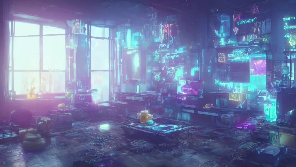 Image similar to Sponge Bob in the apartment room in a cyberpunk city, soft god rays from city lights outside the window, unreal engine 5, soft neon atmosphere, photorealistic, soothing colors, somber melancholic matte painting, hyperrealism, hyperrealistic, cinematic masterpiece, cyberpunk style 8k ultrahd octane render