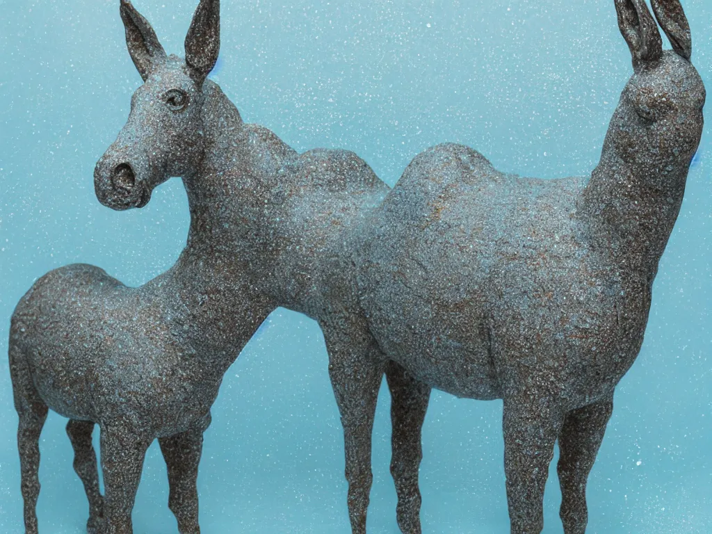 Image similar to a photo-real glazed ceramic sculpture of a mule, standing in an ocean of bubbly water, micro detail, backlit, studio light